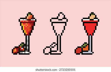 Pixel Art Asset mit drei Versionen eines Erdbeer-Cocktails in einem hohen Glas. Ideal für Bar-Simulatoren, Gesellschaftsspiele und RPG-Verbrauchsmaterialien.
