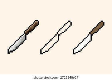 Pixel art asset set con tres versiones de un cuchillo de cocina. Perfecto para simuladores de cocina, juegos de supervivencia e iconos de inventario de RPG.