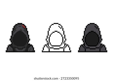Conjunto de recursos de arte Pixel com três versões de uma misteriosa figura encapuzada. Ideal para retratos de personagens de RPG, jogos furtivos e ícones de fantasia escura UI.