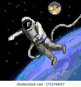 Pixel art astronaut character floating on the space near Moon and Earth