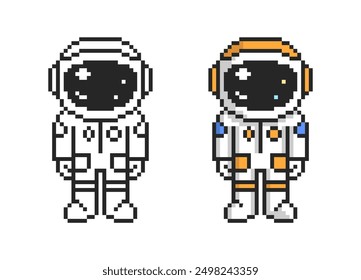 Pixel art astronaut. Cute cosmonaut in retro style. Vector illustration