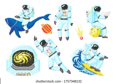 Pixel art astronaut. Spaceman 8 bit objects. Space art, digital icons. cosmonaut on a whale, moon and wave. Retro assets. Vintage game style. Set of characters. Vector illustration.