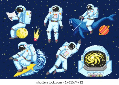 Astronauta de arte xel. Spaceman 8 bits de objetos. Arte espacial, iconos digitales. cosmonauta en una ballena, luna y ola. Activos retro. Estilo de juego vintage. Conjunto de caracteres. Ilustración vectorial.