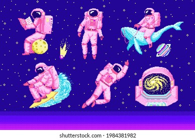 Pixel art astronaut. Spaceman 8 bit objects. Space art, digital icons. cosmonaut on a whale, moon and wave. Retro assets. Vintage game style. Set of characters. Vector illustration.