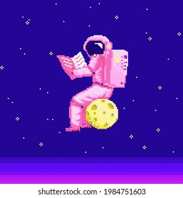 Pixel art astronaut. Spaceman 8 bit objects. Space art, digital icons. cosmonaut on the moon. Retro assets. Vintage game style. Set of characters. Vector illustration.