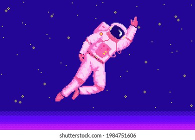 Pixel art astronaut. Spaceman 8 bit objects. Space art, digital icons. cosmonaut on the moon. Retro assets. Vintage game style. Set of characters. Vector illustration.