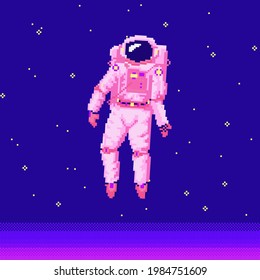 Astronauta de arte xel. Spaceman 8 bits de objetos. Arte espacial, iconos digitales. cosmonauta en la luna. Activos retro. Estilo de juego vintage. Conjunto de caracteres. Ilustración vectorial.