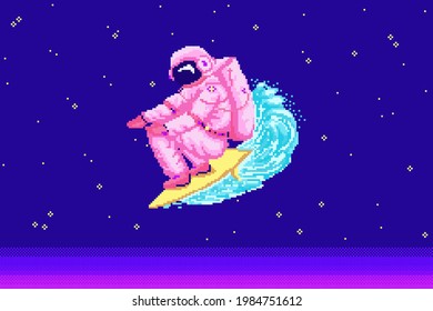 Pixel art astronaut. Spaceman 8 bit objects. Space art, digital icons. Cosmonaut Surfer on the sea wave. Retro assets. Vintage game style. Set of characters. Vector illustration.