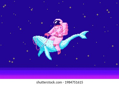 Pixel art astronaut. Spaceman 8 bit objects. Space art, digital icons. cosmonaut on a whale. Retro assets. Vintage game style. Set of characters. Vector illustration.