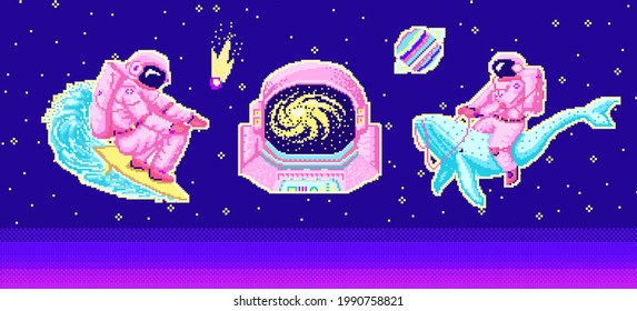 Pixel art astronaut. Spaceman 8 bit objects. Space art, digital icons. cosmonaut on a whale, moon and wave. Retro assets. Vintage game style. Set of characters. Vector illustration.