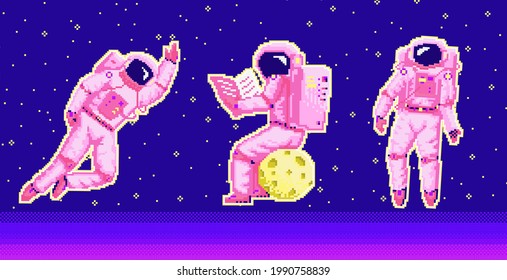 Pixel art astronaut. Spaceman 8 bit objects. Space art, digital icons. cosmonaut on a whale, moon and wave. Retro assets. Vintage game style. Set of characters. Vector illustration.