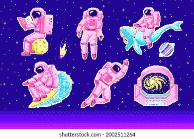 Pixel art astronaut. Spaceman 8 bit objects. Space art, digital icons. cosmonaut on a whale, moon and wave. Retro assets. Vintage game style. Set of characters. Vector illustration.