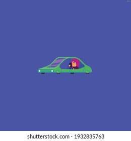 Pixel art autonomous vehicle car without driver with girl on the back seat looking at her smartphone