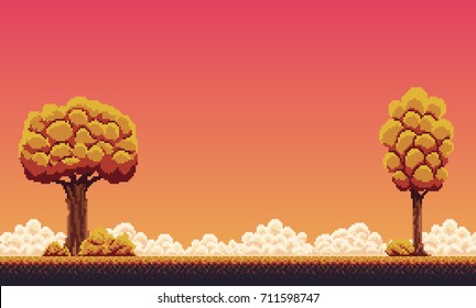 Pixel art autumn background with trees, ground, grass, sky and clouds