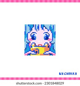 Pixel art avatar with cute girl making selfie. Retro 8 bit style illustration of female character with phone or photo camera. Funny icon, decorative element, sticker or badge.  