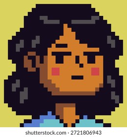Pixel art avatar portrait featuring stylized female character with expressive face and voluminous hair. Retro 8-bit style character icon suitable for games, apps, profiles, RPG interface.