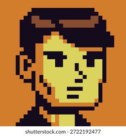 Pixel arte avatar retrato de personagem humano estilizado com rosto expressivo e cabelo escuro. Ilustração retrô estilo 8-bit adequado para avatares de jogo, personagens de RPG, retratos NPC, perfis de usuário.