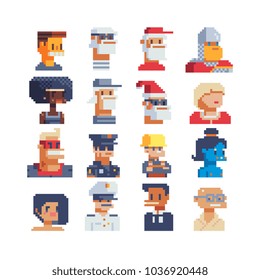 Pixel art avatar profile video game characters set. Game assets. 8-bit sprite. Sticker design. User pic, profile picture, flat people portraits. Male and female faces. Isolated vector illustration. 