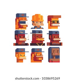 Pixel art avatar set. Video game sprite. Sticker design. Male and female characters with different emotions, cool guy gangster, man and girl, isolated vector illustration. People portraits and face.
