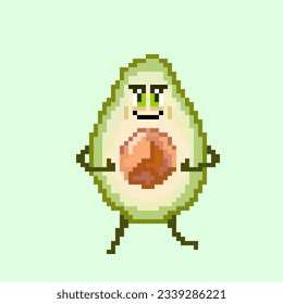 pixel art Avocado character 8 bit retro style. Smiling cute vegetable. Vector illustrations for game assets, sprite and cross stitch. Sketch. Green avocado in the section, the stone is visible