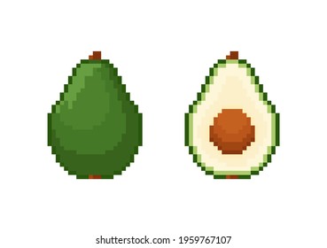 Pixel art avocado icon set. Pixel retro game avocado and half avocado icons. 8 bit or 16 bit style avocado with seed icon for game or web design. Cute vegetable or fruit pixel vector. 8 bit veggies.