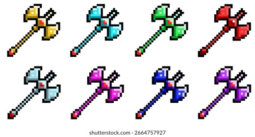 Pixel Art Axe Colección en ocho Variantes de color, 8-Bit Retro Style Game Asset