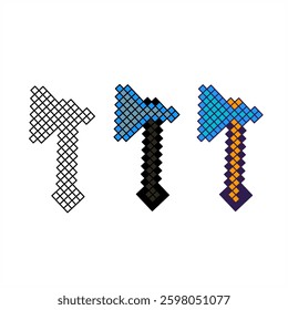 Pixel art axe icons in 8-bit retro style. Includes outline, blue-themed, and fantasy axes. Perfect for game assets, RPG weapons, adventure icons, and pixel-based designs. Scalable vector format
