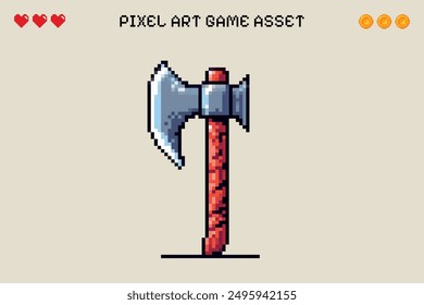 Pixel Art Axe Video Game Asset Vector Isolated Background 2D Sprite Sheet Character Design Retro Vintage