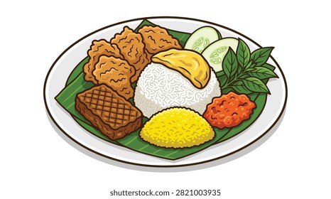 Pixel art ayam penyet plate with fried chicken tempeh cucumber and chili sauce on banana leaf