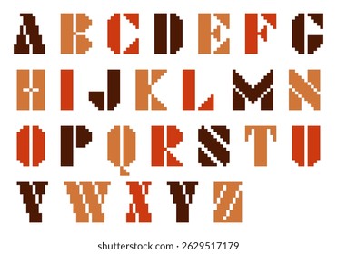 Pixel art A-Z alphabet with a brown and orange background. The letters are outlined in different colors, making them stand out. Scene is cheerful and playful, as the bright colors