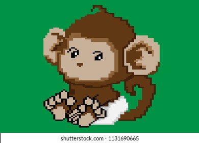  pixel art Baby monkey, Green background
