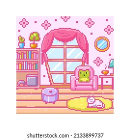 Pixel art background with 8 bit living room. Frog and cat characters, arcade home interior, mirror, flowers, house plants, window and bookcase. Vector 90s retro cute house illustration. 