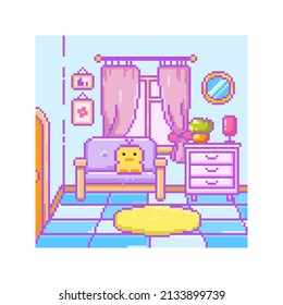 Pixel art background with 8 bit living room. Duck character, arcade home interior, rug, lump, window and door. Vector 90s retro illustration. 