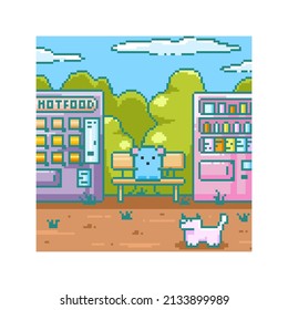 Pixel art background with 8 bit gaming park. Dog and mouse characters, arcade vending machine, sky and clouds, ground and grass, park bench. Vector 90s retro illustration. 