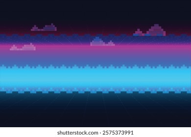 Pixel art background. 8 bit game. retro game. for game assets in vector illustrations. Retro Futurism Sci-Fi Background. glowing neon grid and stars from vintage arcade comp