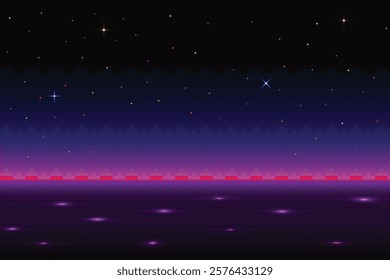 Pixel art background. 8 bit game. retro game. for game assets in vector illustrations. Retro Futurism Sci-Fi Background. glowing neon grid and stars from vintage arcade comp