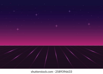 Pixel art background. 8 bit game. retro game. for game assets in vector illustrations. Retro Futurism Sci-Fi Background. glowing neon grid. and stars from vintage arcade comp