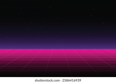 Pixel art background. 8-bit game. retro game. for game assets in vector illustrations. Retro Futurism Sci-Fi Background. glowing neon grid. and stars from vintage arcade comp