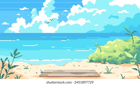 Pixel art background with 8-bit style Beach and Sea. Summer Pixel Game Illustration with Sky, Clouds, Ocean, Waves, Birds Sand Seaside. Summer Tropical Pixel Art Travel Landscape. 