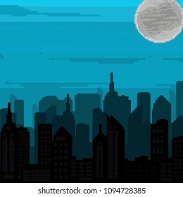 Pixel Art Background. Pixel City. 8 Bit