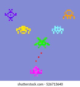 Pixel art background. Colorful set of funny pixel monsters. Retro video games icons on violet screen. 