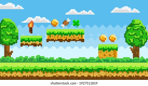 Fondo de arte de píxeles para juegos de ordenador con objetos mágicos recompensados en el aire. Escena del juego de píxeles con césped, árboles y valiosos premios para las monedas de oro pixeladas de objetos de jugador, hueso de carne, antorcha y hoja