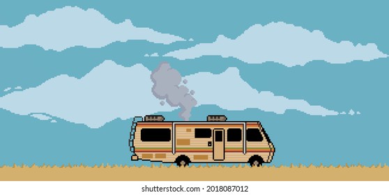 Pixel art background with desert trailer and cloudy sky scene for 8bit game
