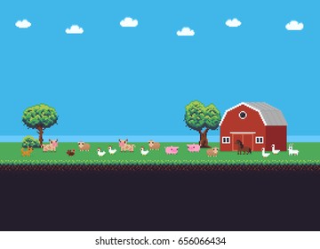 Pixel art background with farm animals, grass meadow, trees and barn