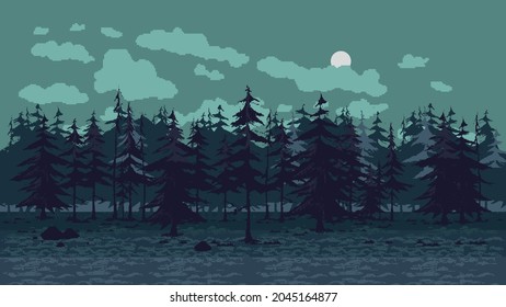 Pixel fondo artístico con bosque para juegos y aplicaciones móviles. Sin inconvenientes cuando se atraca horizontalmente. Fondo de Halloween en arte píxel, 8 bits, 16 bits