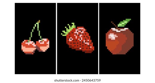 pixel art background fruit apple, strawberry, cherry card background 8 bit 16 bit retro, red fruit