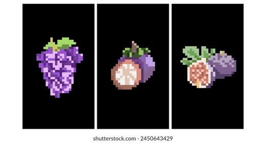 pixel art background fruit grape, mangosteen, fig card background 8 bit 16 bit retro, purple fruit