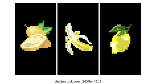 pixel art background fruit lemon, banana, mango card background 8 bit 16 bit retro, yellow fruit