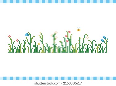 Pixel art background with grass, bee and flowers. 8 bit retro game style vector texture.