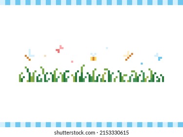 Pixel art background with grass, bugs, insects and butterfly. 8 bit retro game style vector texture. 